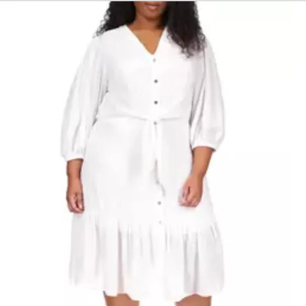 Michael Kors Button Front Swiss Dot Dress in White with Tie at Waist - 1X - New - Picture 2 of 12